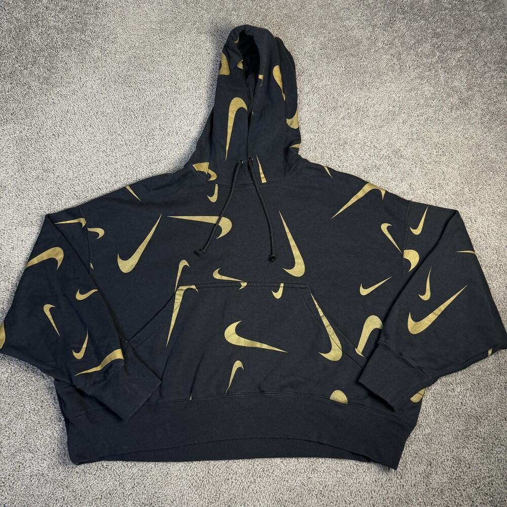 Nike Club Fleece Hoodie Womens L Black Gold Swoosh Allover Graphic Pullover